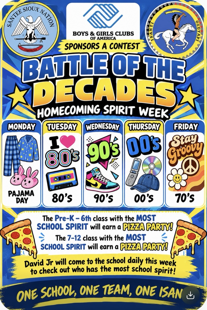 colorful poster for Battle of the Decades dress up contest. classes with the best school spirit will earn a pizza party. pajama day, Monday 80s Tuesday 90s Wednesday 2 thousands Thursday 70s Friday.