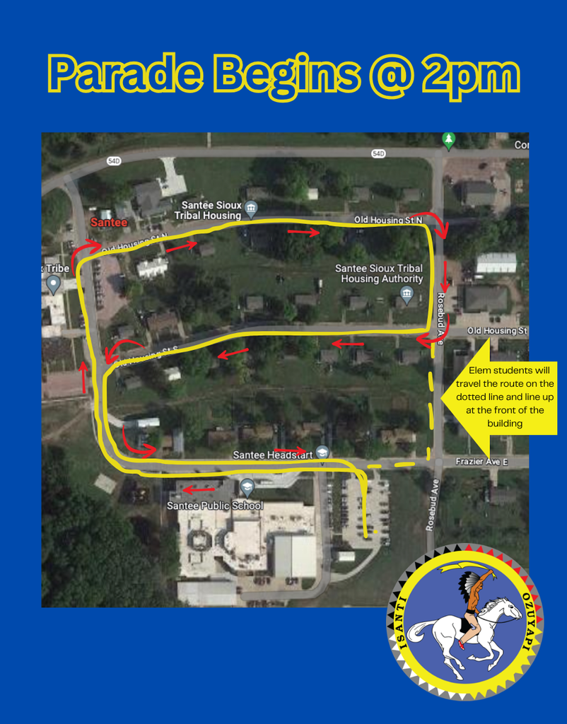 Map showing the 2 PM parade route through neighborhood streets around Santee Public School. Elem students will travel the route on the dotted line and line up at the front of the building.  