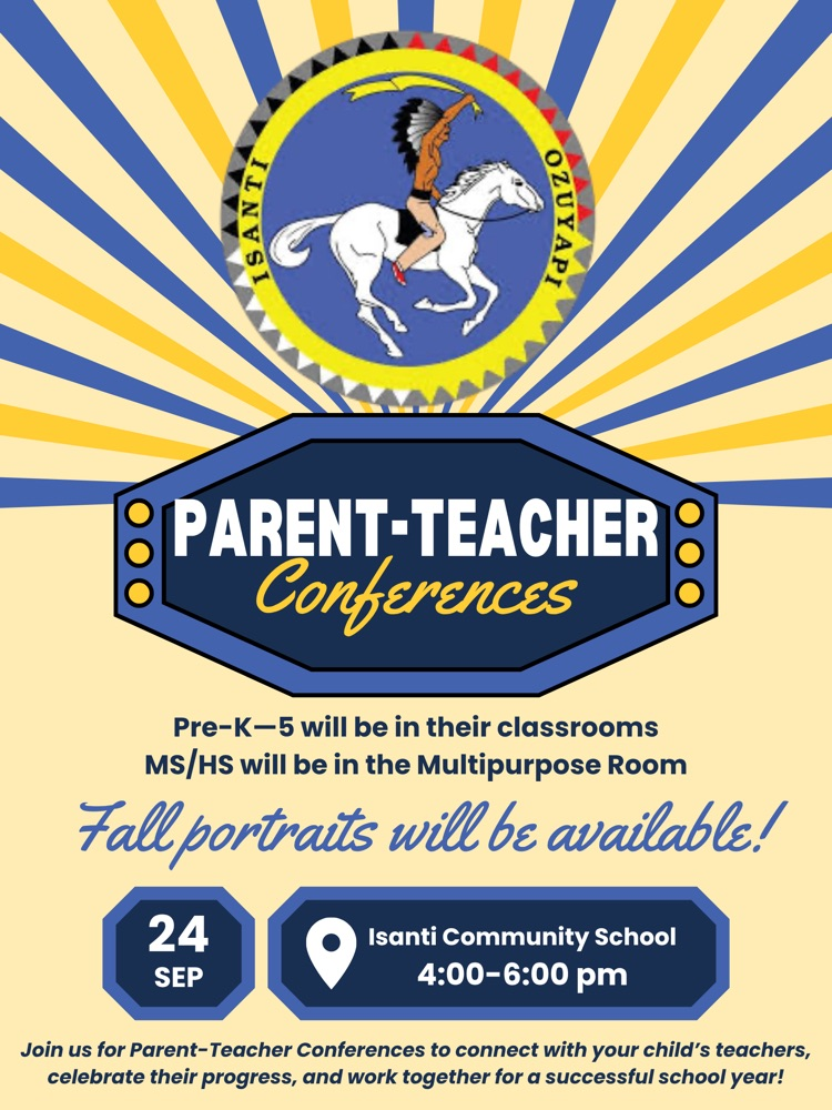 blue and yellow background with lines shooting up from the text. parent teacher conferences 9/24 (4-6pm) Isanti community school