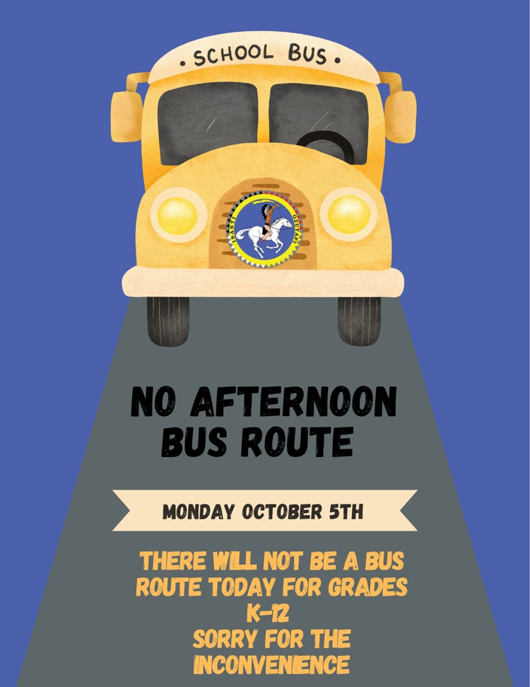Blue background with a yellow bus that says no afternoon bus route Monday, October 5