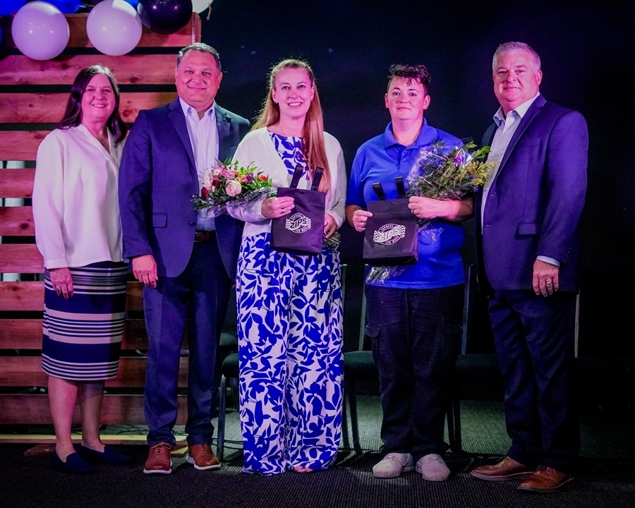 Teacher and Support Employee of the Year Award Recipients (from left Carla Cale, USE President, Johnny Bilby, Assistant Superintendent, Kimberly McCallum, Teacher of the Year, Shelby Kling, Support Employee of the Year, Rob Armstrong Superintendent