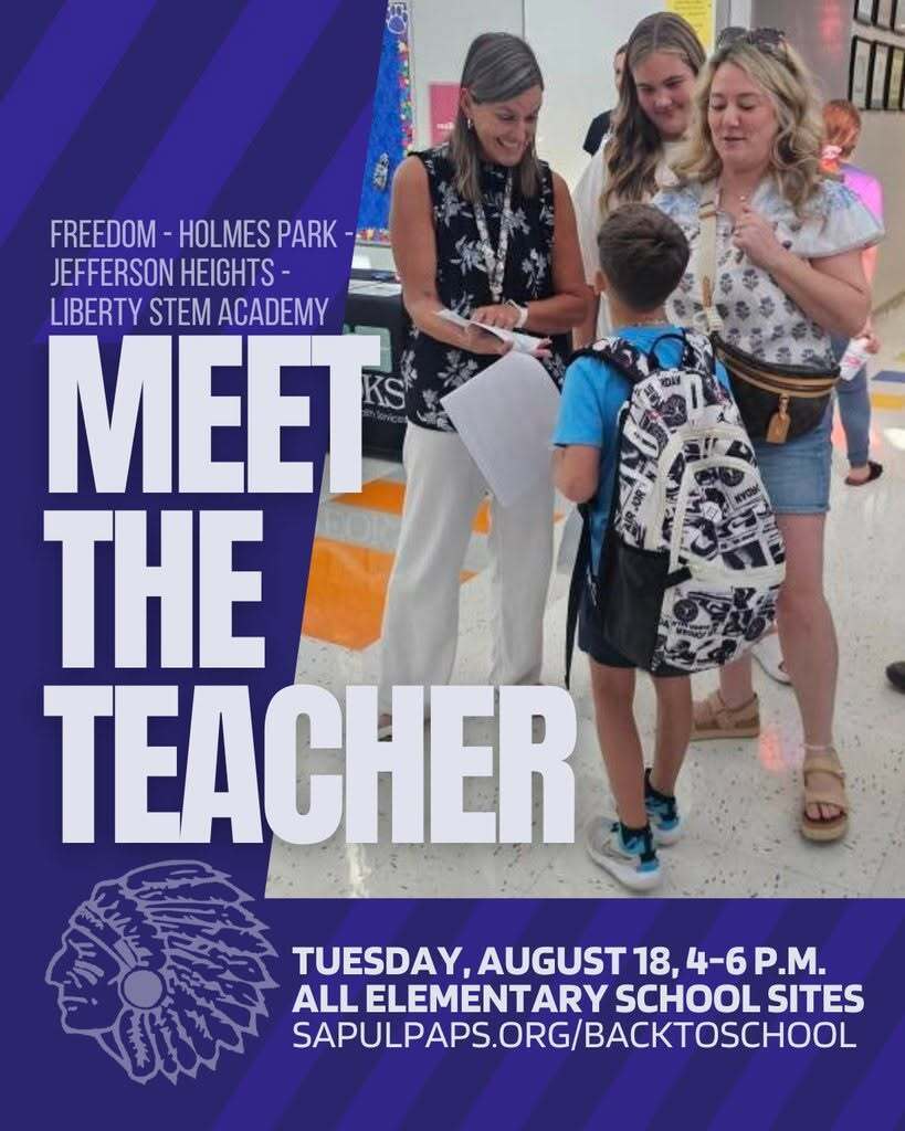 ✏️🍎Meet the Teacher! You and your elementary student have the opportunity to Meet the Teacher on Tuesday, August 18, 4-6 p.m. at Sapulpa elementary schools! See more at sapulpaps.org/backtoschool