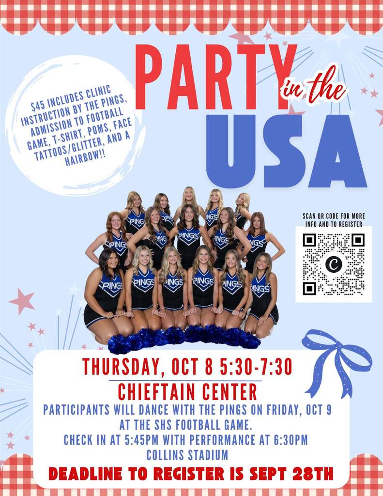 The Sapulpa HS Ping-Ping Dance Team made the rounds this morning for #PatriotDay. They invited students to participate in the upcoming Mini Clinic, "Party in the U.S.A." You can see their performance prior to the football game at Collins Stadium on Friday, October 9!