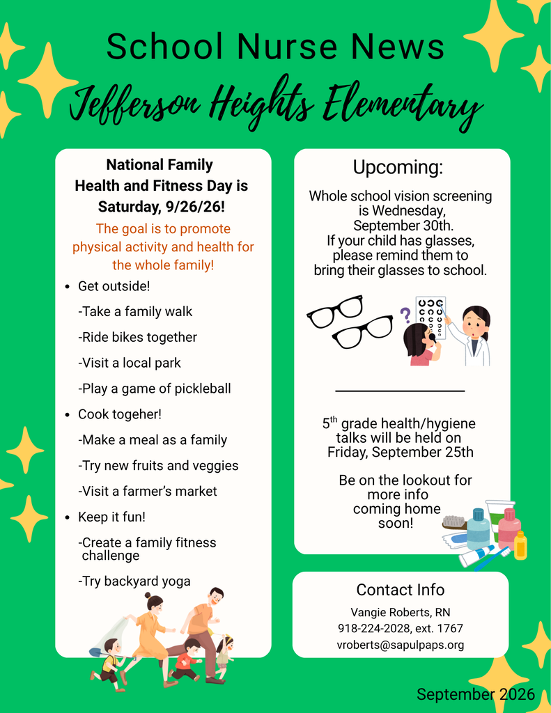 Jefferson Heights Nurse's  September Newsletter includes dates for vision screening, 5th grade hygiene talks, and Health and Fitness Day. 