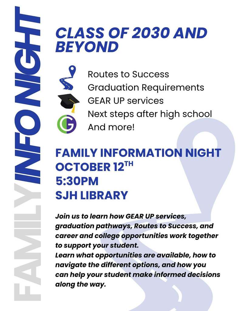 8th & 9th grade families -- Put this one on the family calendar! Family Information Night is happening alongside Parent-Teacher Conferences, so you can make the most of your evening. A little information now can make a big difference later! 🗓️ October 12th ⌚ 5:30pm 📍 SJH Library