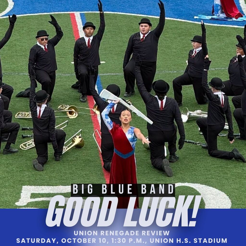 Good luck to Sapulpa Bands, which continues the marching season at the Union Renegade Review tomorrow! They take the field at 1:30 on Saturday, Oct. 10, for prelims at Union H.S. stadium.
