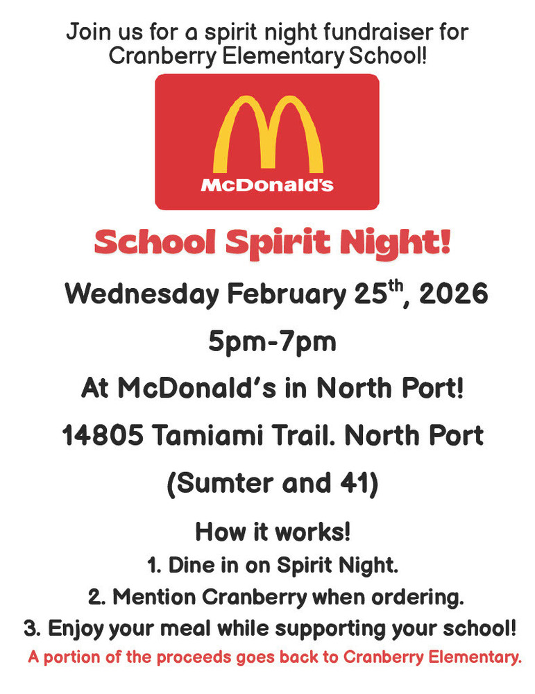Spirit Night - February 26th,  5pm - 7pm