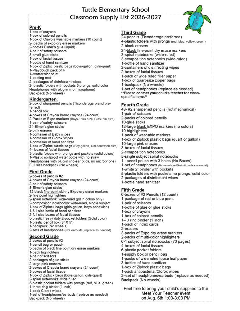 2026 School Supply List