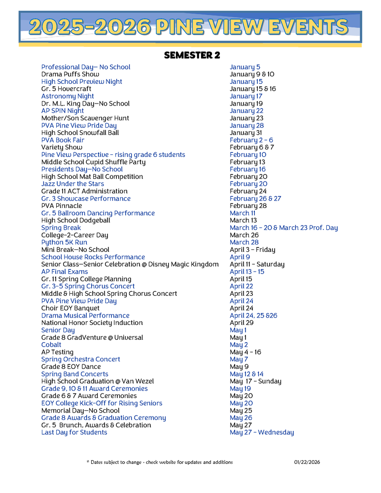 Pine View Events - Semester 2