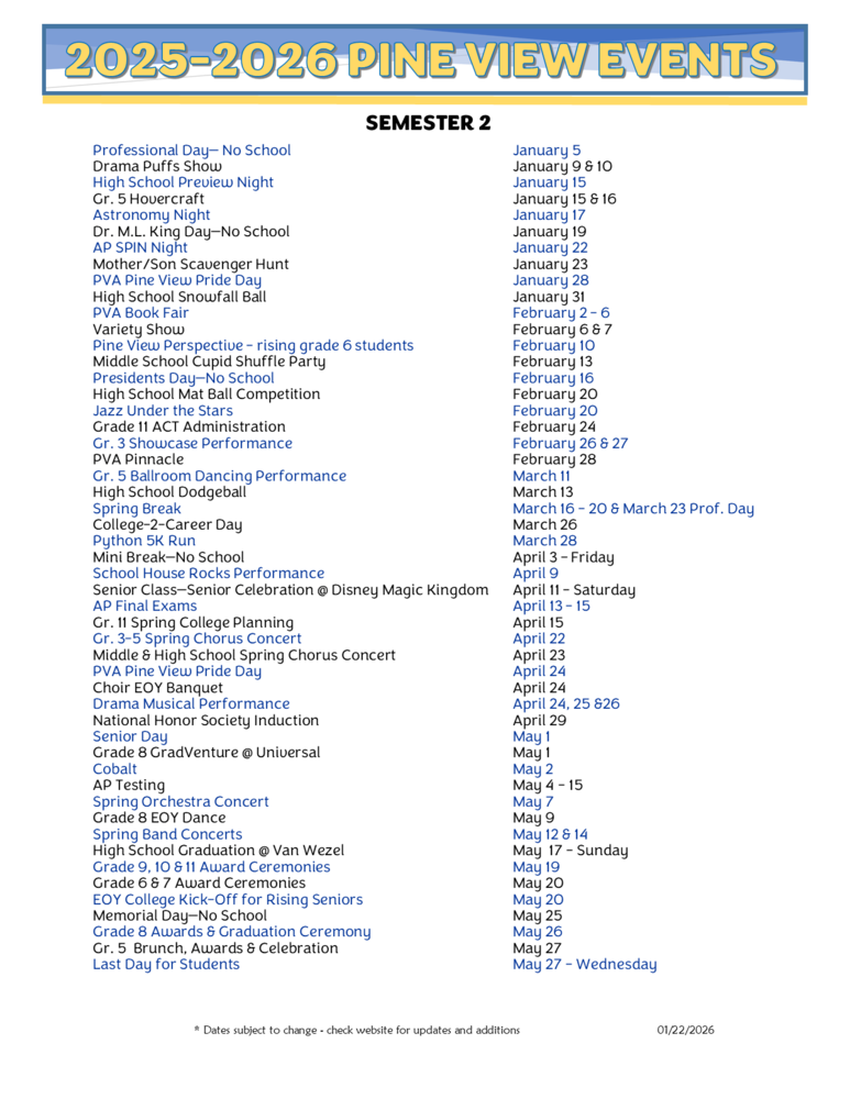 Pine View Events - Semester 2