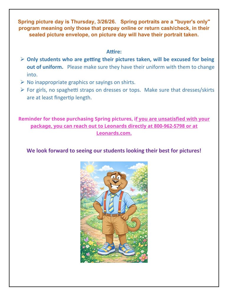 Spring Picture day - this Thursday - March 26