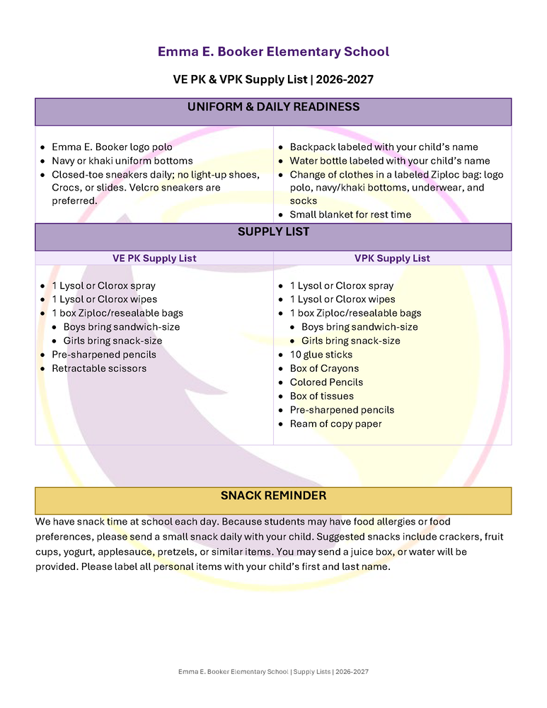 VE PreK, PreK class supply list 2026-2027