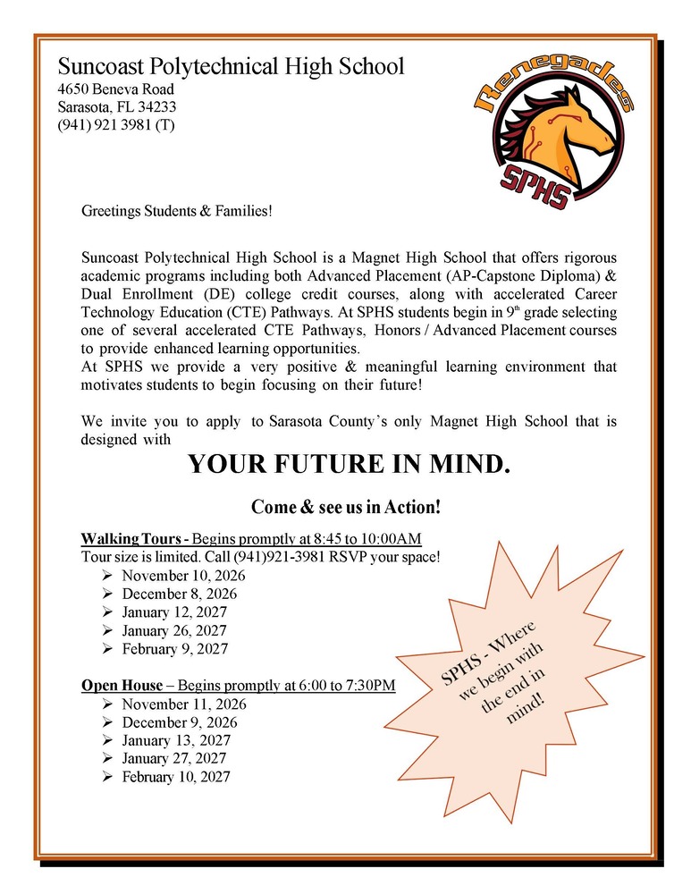 Suncoast PolyTech Tour Schedule
