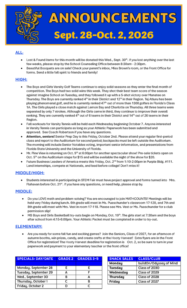 September 28 -  October 2, 2026 Announcements