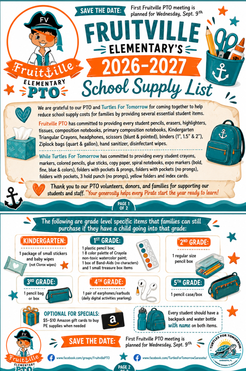 Fruitville Elementary's 2026-2027 School Supply List