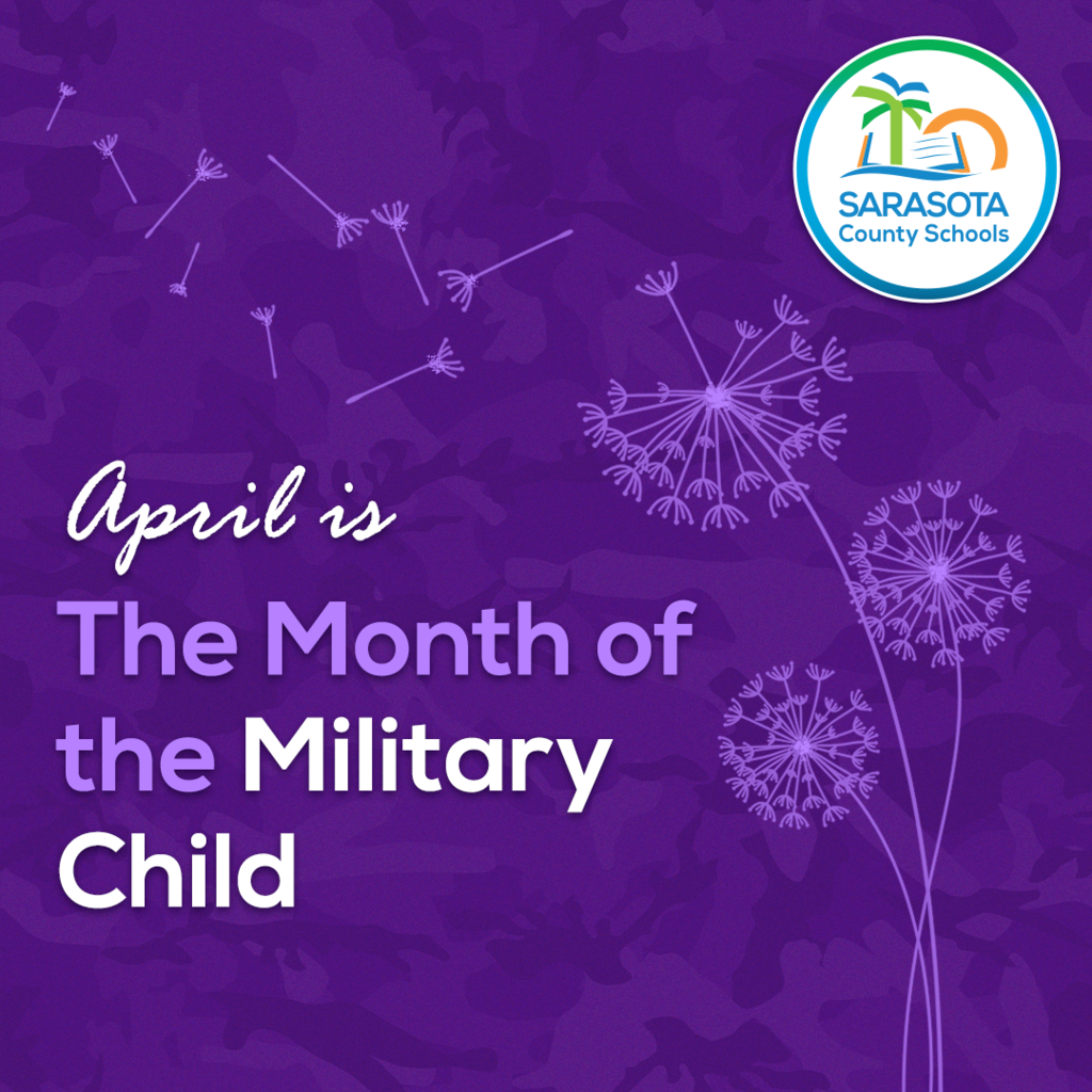 Purple graphic with dandelions and text "April is the month of the military child"