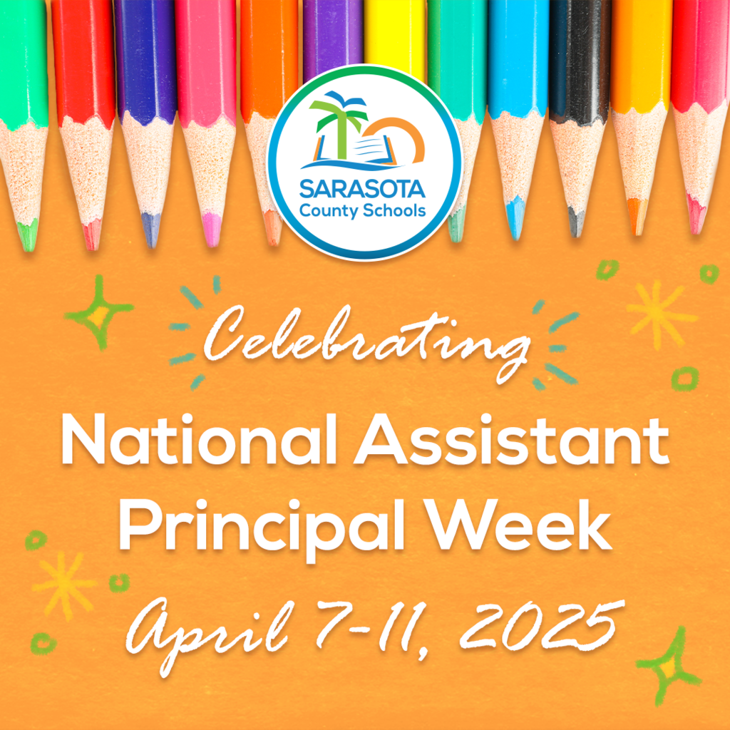 Orange graphic with colored pencils at the top and stars in the background. text reads "celebrating national assistant principal week april 7-11 2025"