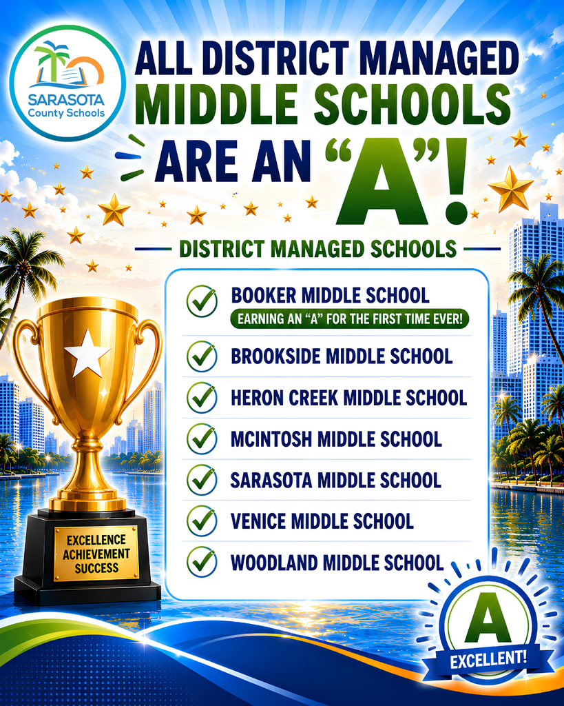 MIDDLE SCHOOL CLEAN SWEEP! 🏆 For the first time, every district-managed middle school in Sarasota County Schools earned an A school grade from the Florida Department of Education! This didn't happen by chance. It's the result of incredible students, dedicated educators, supportive families, and school communities that never stop striving for excellence. 🥳 Congratulations to: 🌟 Booker Middle School 🌟 Brookside Middle School (Gulf Coast Academy of Innovation & Technology) 🌟 Heron Creek Middle School 🌟 McIntosh Middle School 🌟 Sarasota Middle School 🌟 Venice Middle School 🌟 Woodland Middle School What an incredible accomplishment. Congratulations to everyone who made this possible!