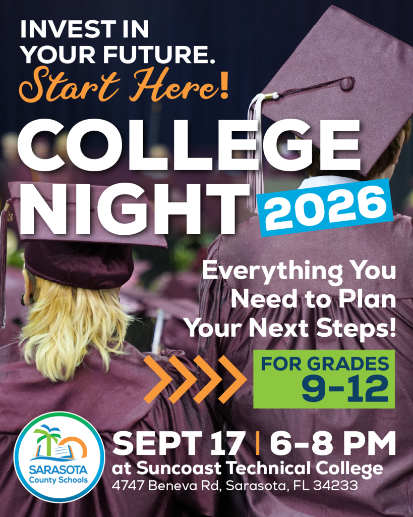 Poster promoting "College Night 2026" with two students in caps and gowns, text "Invest in Your Future" and "Everything You Need to Plan Your Next Steps".