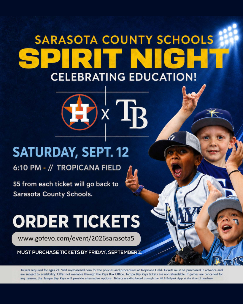 An advertisement for Sarasota County Schools Spirit Night. Three children in baseball uniforms and caps are raising their hands.