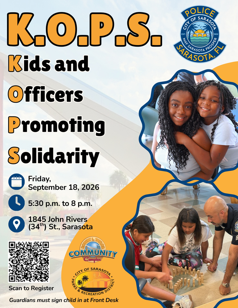 An event poster features a family photo of two girls and a police officer with a caption that reads, "K.O.P.S. Kids and Officers Promoting Solidarity."