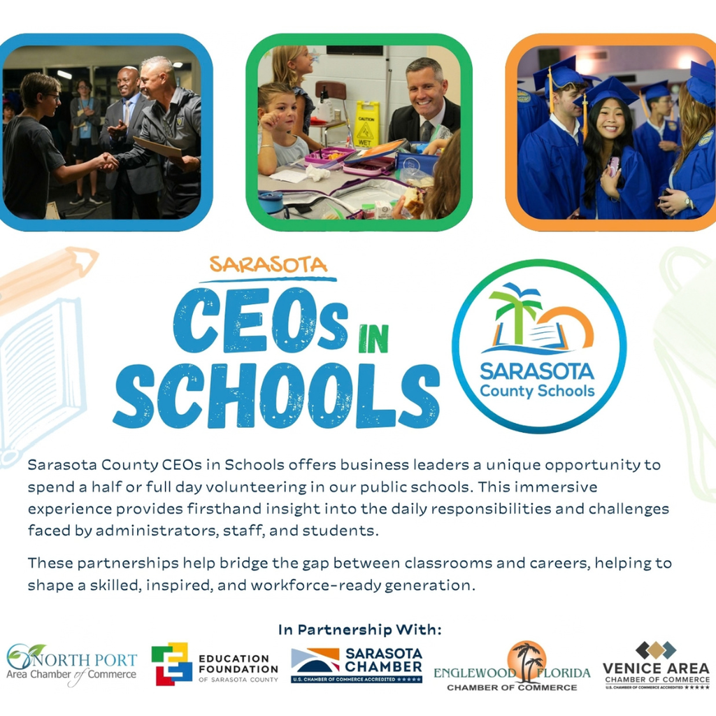 An advertisement for Sarasota County's CEOs in Schools program with images of business leaders interacting with students.