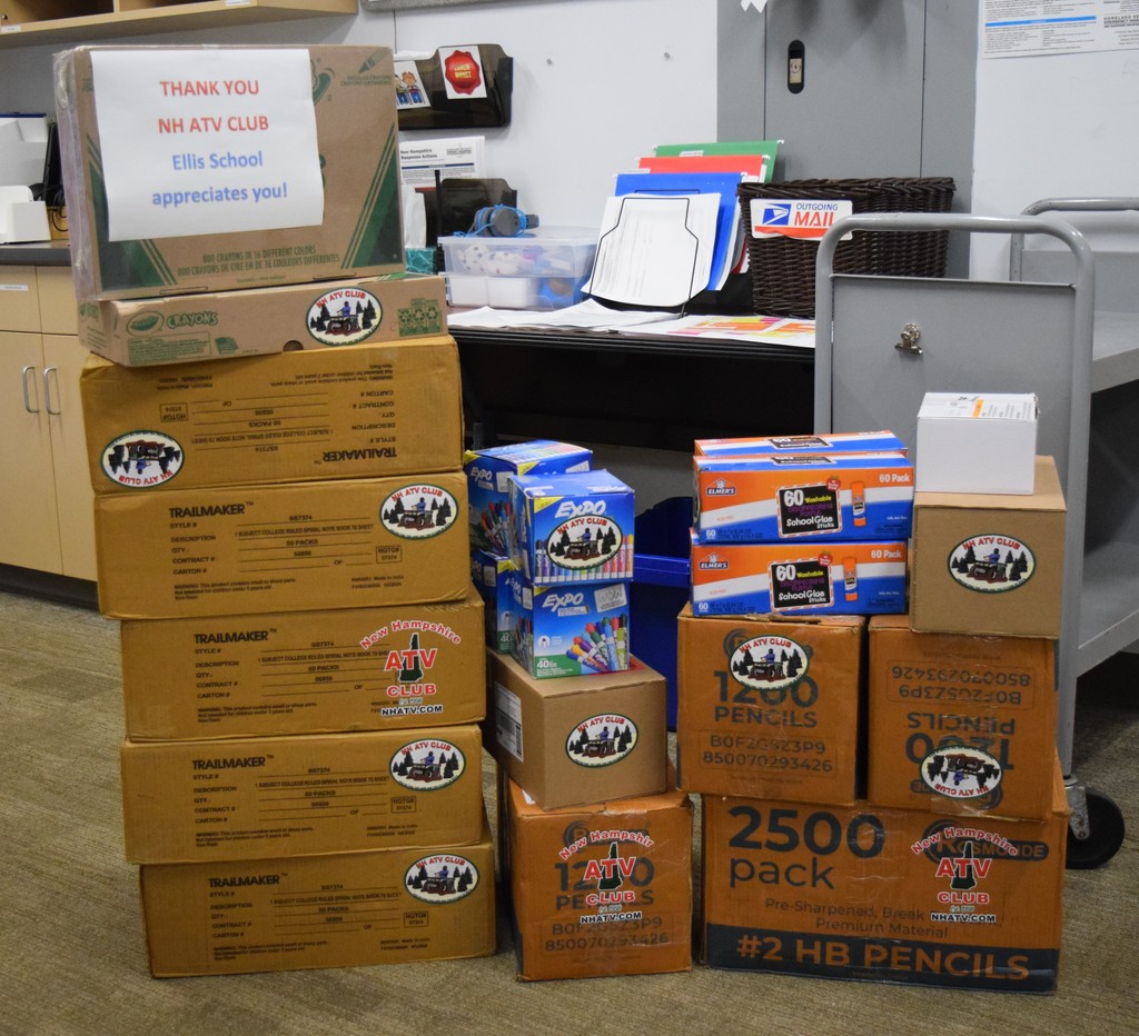 Boxes of school supplies donated by the NH ATV Club