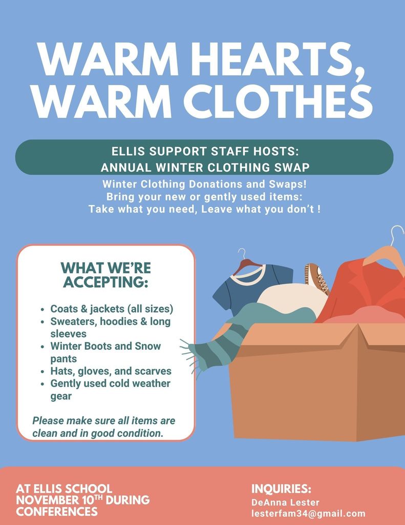 Support staff are accepting coats and jackets, sweaters, long sleeves, hates, gloves, etc. all day tomorrow during conference hours: 12-7pm