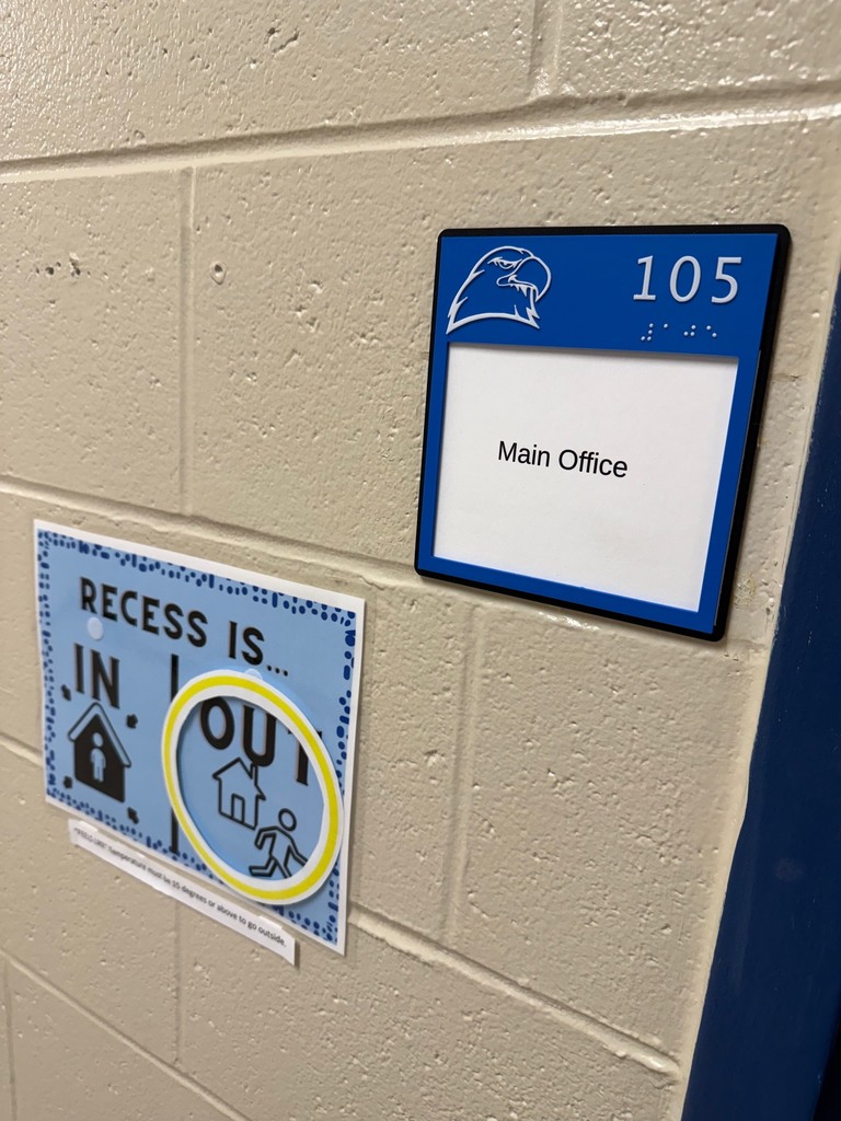 New door sign with braille and an Ellis Eagle head that reads "105: Main Office"