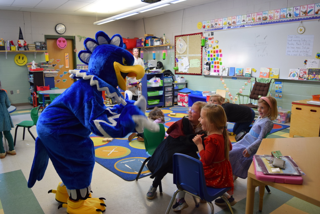 The eagle greeting some (scared?) kindergarteners!