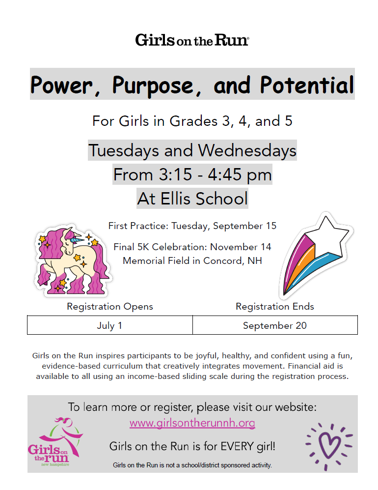 Girls on the Run will be held on Tuesdays and Wednesdays from 3:15-4:45pm, starting on 9/14