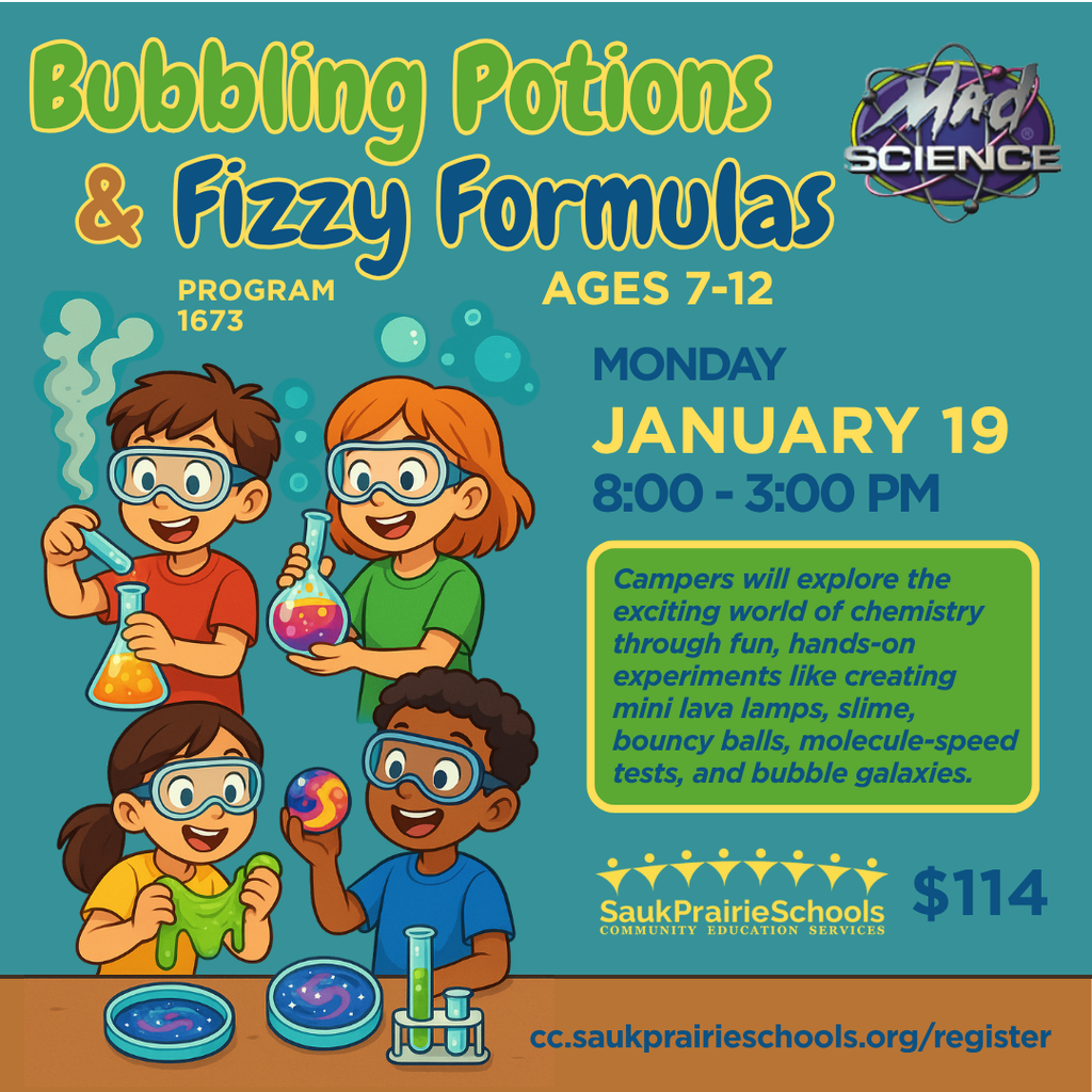 Fun Science ... Bubbling Potions and Fizzy Formulas schedule for No School Day January 19 .. Register today