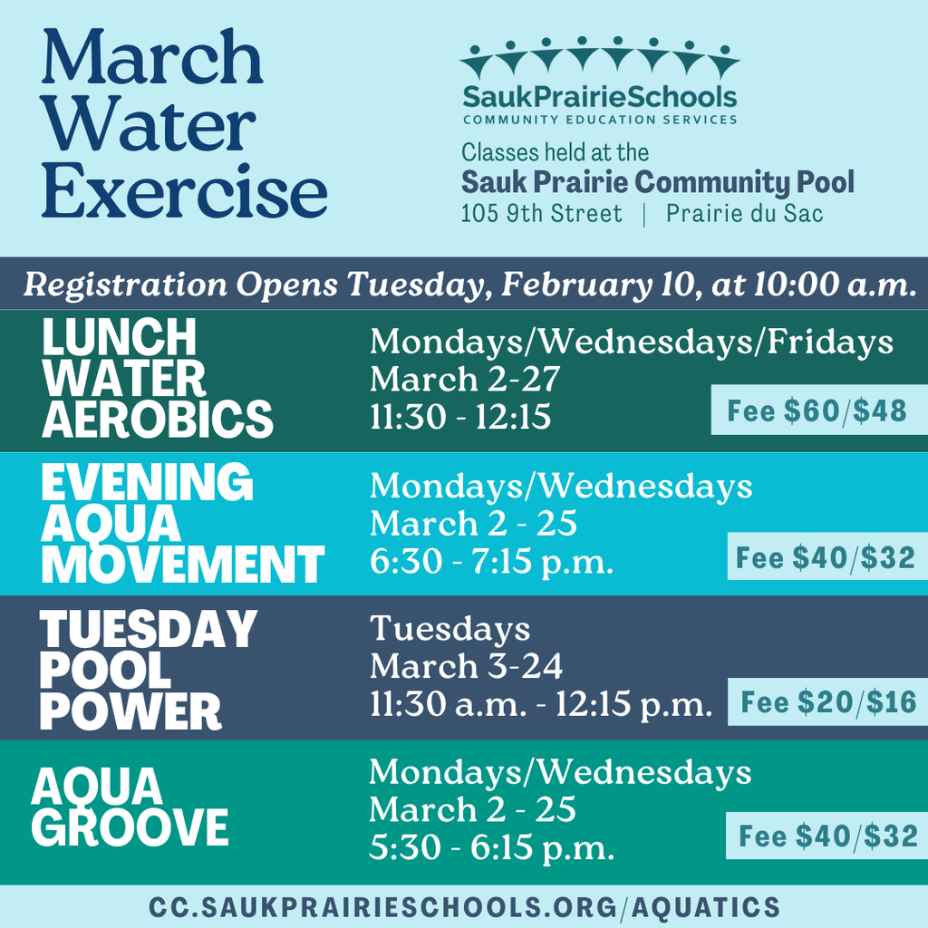 Sauk Prairie Aquatics March Water Exercise Schedule