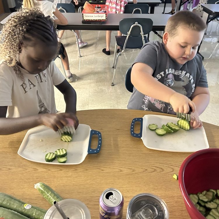Carefully cutting cucumbers!