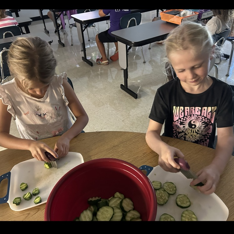 Carefully cutting cucumbers! 