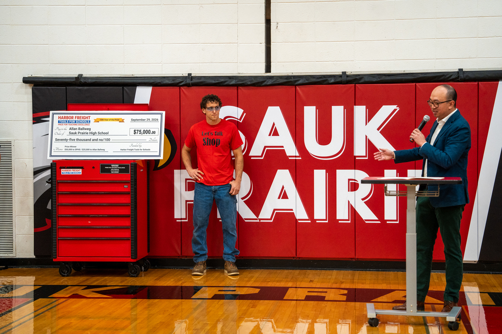Allan Ballweg receiving the honor of one of 25 teachers nationwide named a winner in the Harbor Freight Tools for Schools award