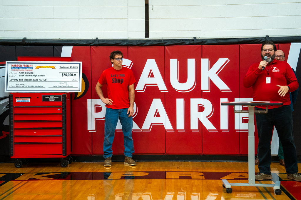 Allan Ballweg receiving the honor of one of 25 teachers nationwide named a winner in the Harbor Freight Tools for Schools award