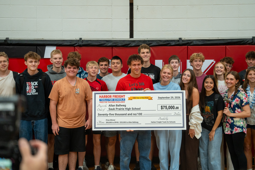 Allan Ballweg receiving the honor of one of 25 teachers nationwide named a winner in the Harbor Freight Tools for Schools award