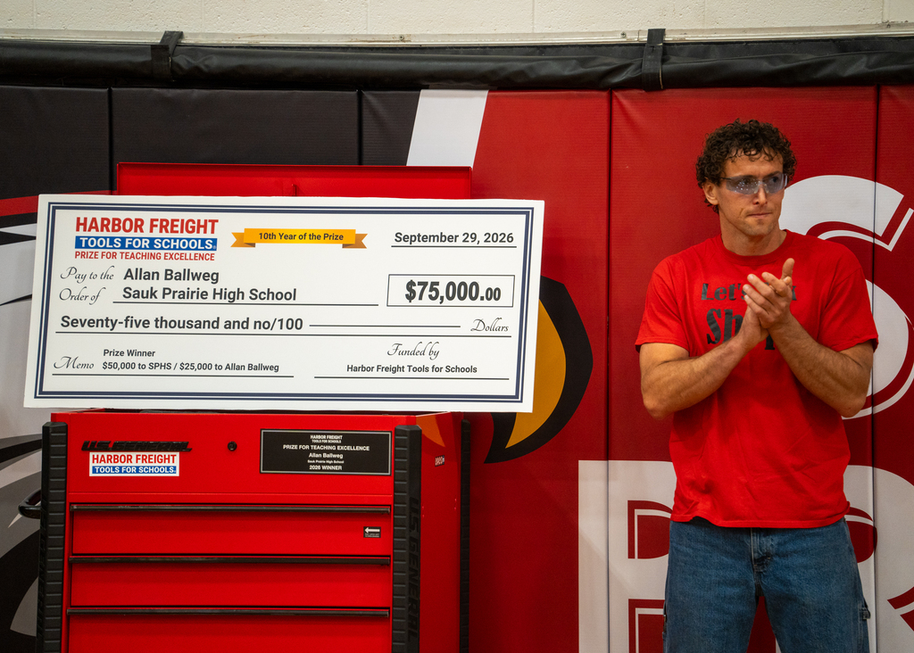 Allan Ballweg receiving the honor of one of 25 teachers nationwide named a winner in the Harbor Freight Tools for Schools award