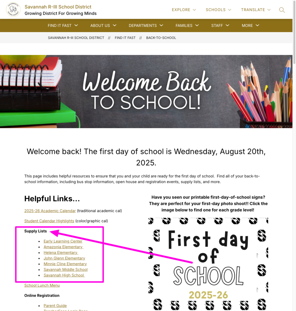 Screenshot of the Savannah R-III School District's Back-to-School webpage. The page includes a "Welcome Back to School" banner and details that the first day of school is Wednesday, August 20th, 2025. A pink arrow points to the "Supply Lists" section, which includes clickable links for each school’s supply list.