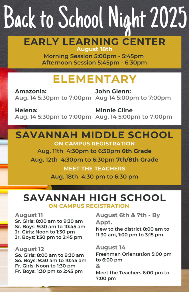 "Infographic showing 2025 Back to School Night and Registration schedule for Savannah R3 Schools, including dates and times for Early Learning Center, Elementary Schools, Savannah Middle School, and Savannah High School, with orientation and on-campus registration details."