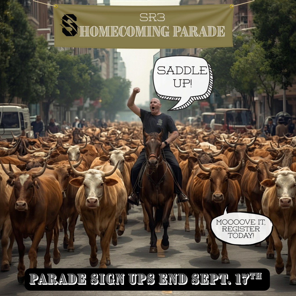 Man riding a horse through a herd of cattle on a city street with fist raised. Banner overhead reads ‘SR3 Homecoming Parade.’ Speech bubbles say ‘Saddle Up!’ and ‘Moooove it, register today!’ Text at the bottom reads ‘Parade sign ups end Sept. 17th.