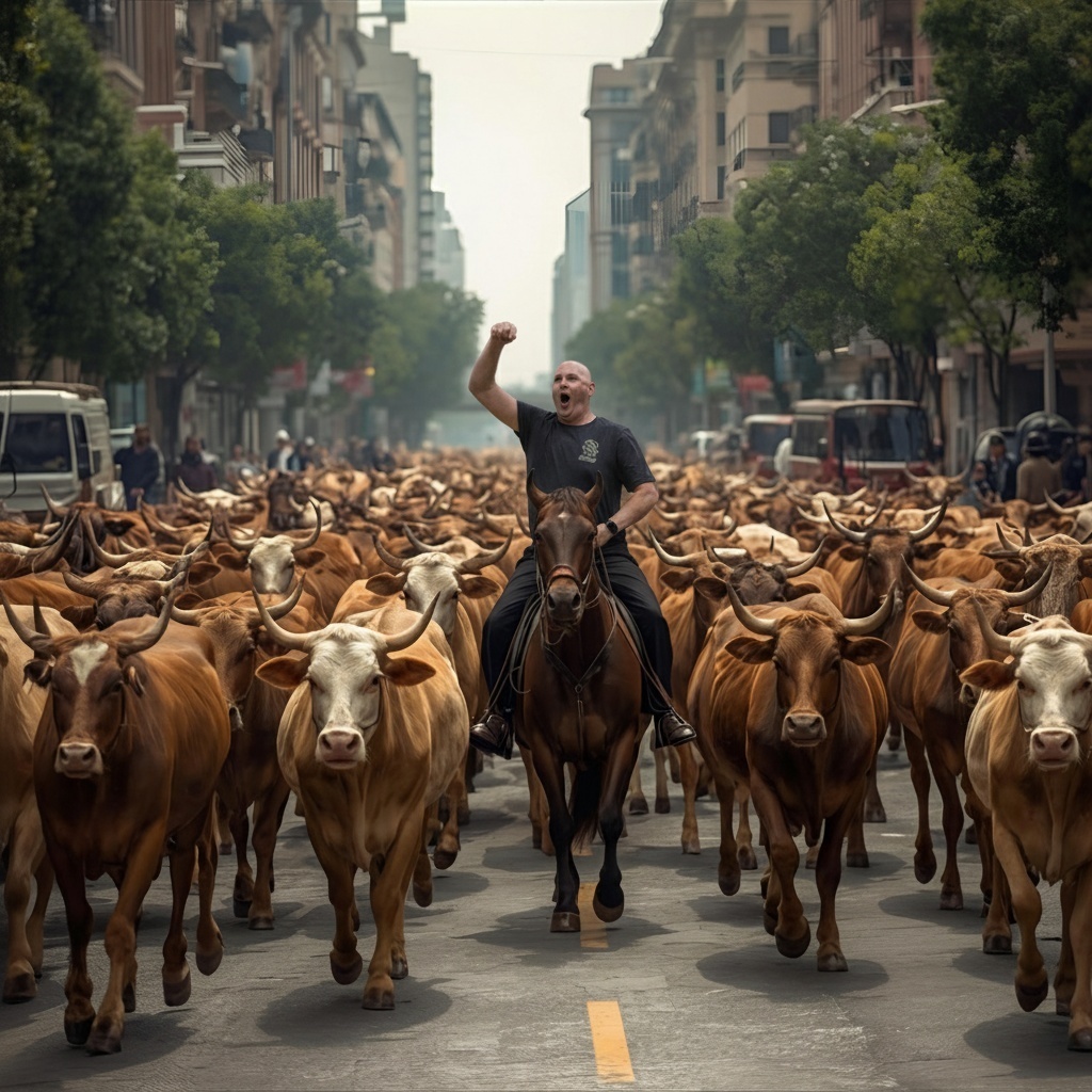 Man riding a horse through a herd of cattle on a city street with fist raised. Banner overhead reads ‘SR3 Homecoming Parade.’ Speech bubbles say ‘Saddle Up!’ and ‘Moooove it, register today!’ Text at the bottom reads ‘Parade sign ups end Sept. 17th.’