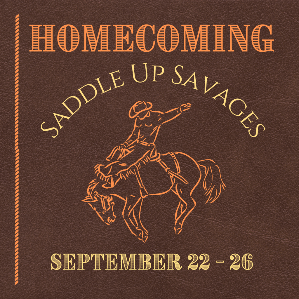 Homecoming theme graphic with leather-style background. Orange outline of cowboy riding a bucking horse. Text: Homecoming, Saddle Up Savages, September 22–26.