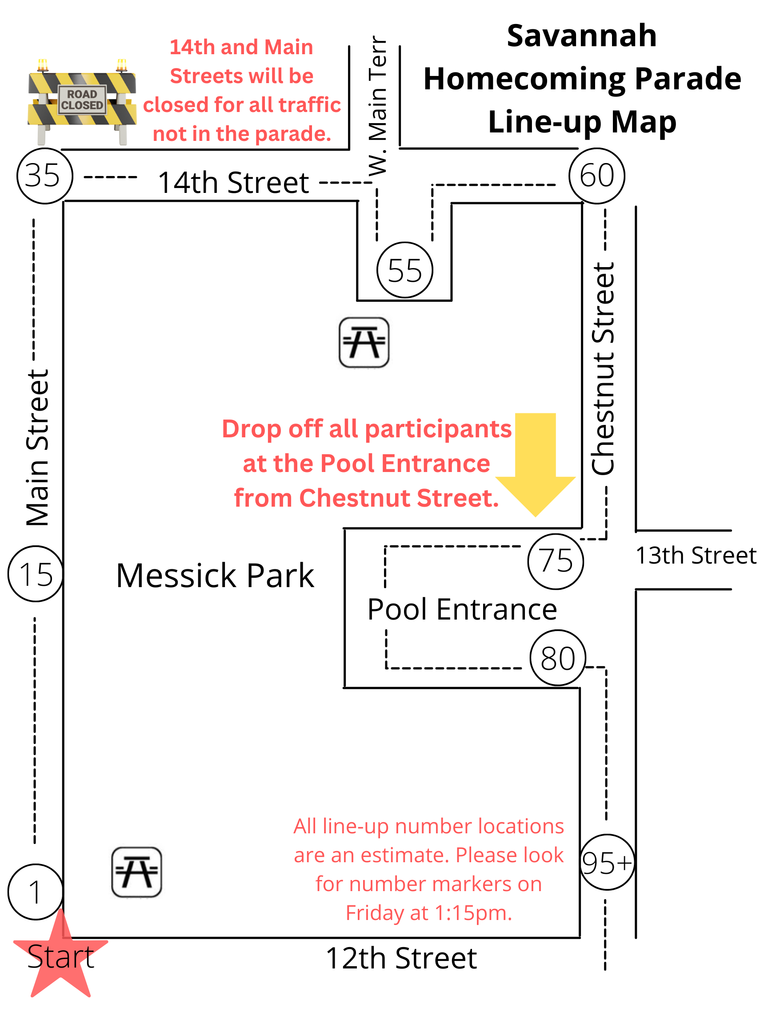 "Map of the Savannah Homecoming Parade line-up route. Starting point marked at 12th Street and Main Street. Line-up continues north on Main, east on 14th, south on Chestnut, and back to 12th near Messick Park. Numbers mark line-up spots along the route. Drop-off is noted at the Pool Entrance on Chestnut Street. Notes in red state that 14th and Main Streets will be closed for non-parade traffic, and lineup markers will be placed Friday at 1:15 p.m."