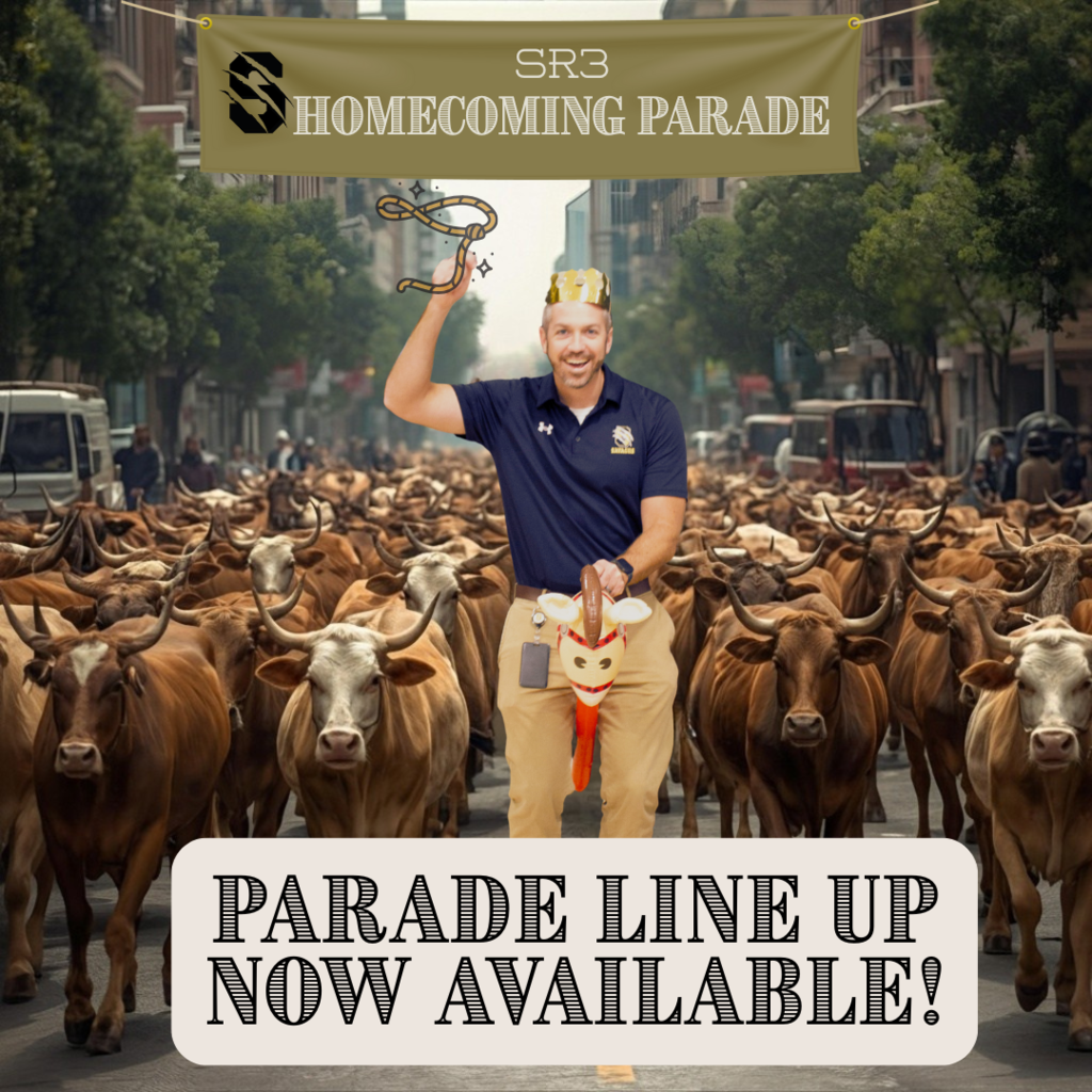 "A man wearing a Savannah Savages polo, crown, and holding a toy horse stands in front of a herd of cattle on a city street. He waves a rope under a banner that reads ‘SR3 Homecoming Parade.’ Text on the bottom says, ‘Parade Line Up Now Available!’"