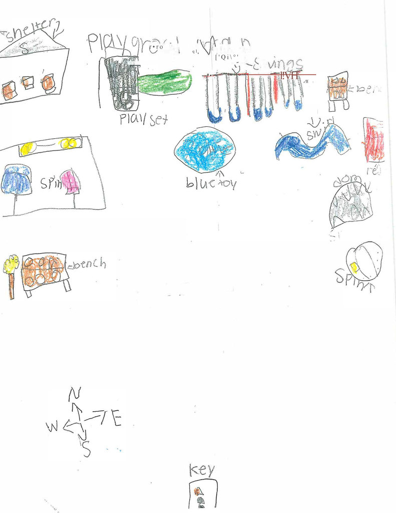 A hand-drawn playground map featuring swings, slides, benches, and a shelter, with a labeled key and compass rose.