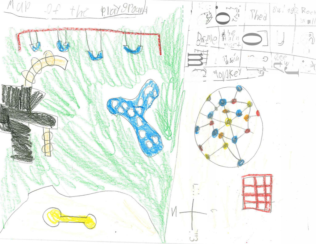 A colorful crayon map of the playground showing slides, swings, a climbing dome, and grassy areas, labeled “Map of the Playground” with a compass and key.