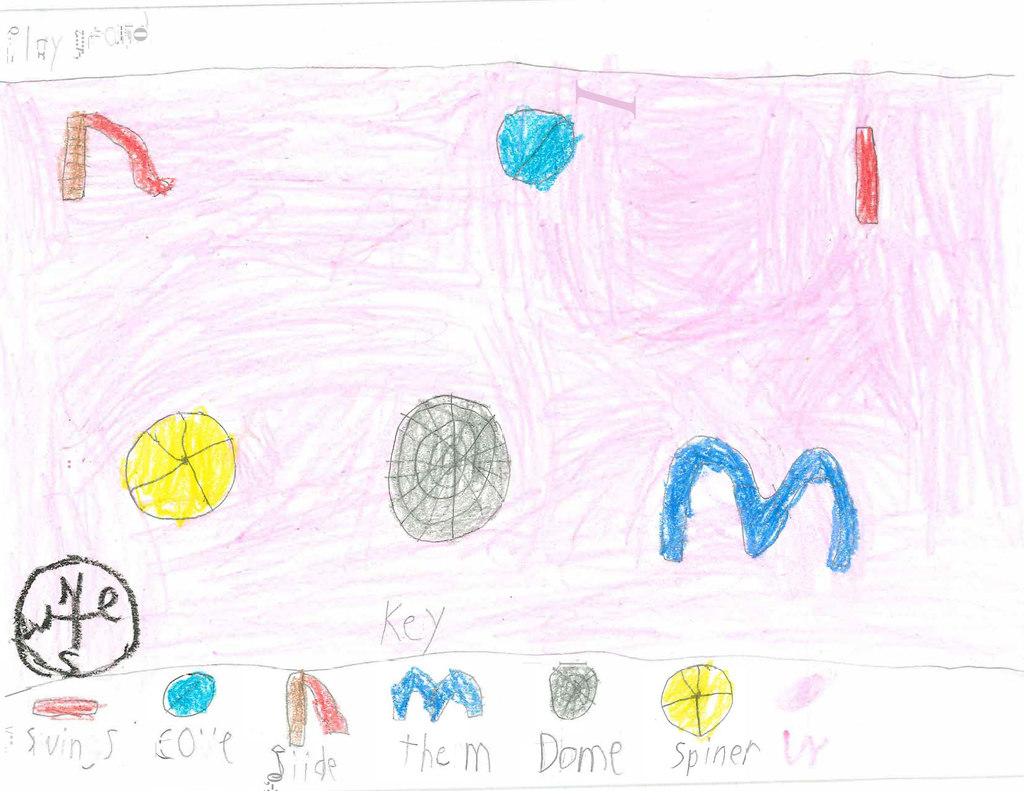 A child’s crayon-drawn playground map showing swings, slides, and climbing equipment, with a labeled key and compass rose.