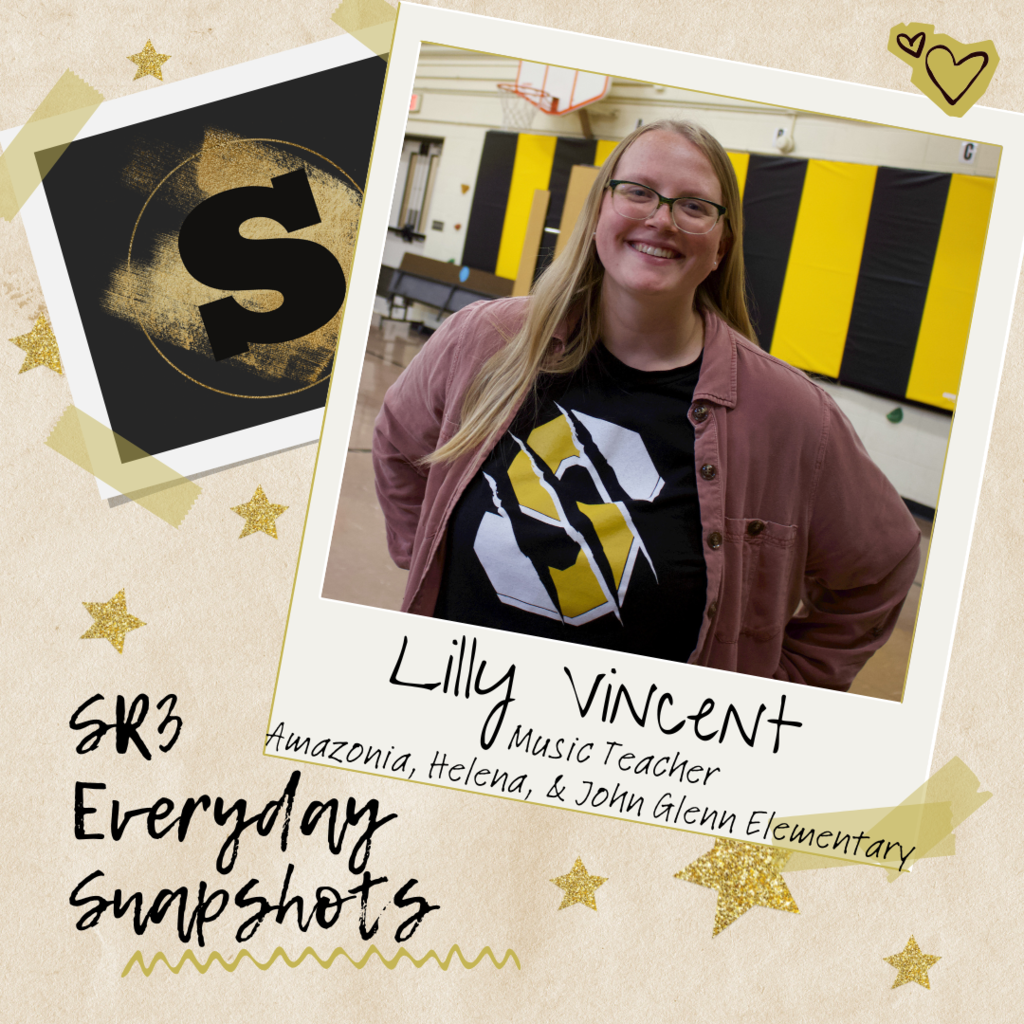 Image of Lilly Vincent traveling music teacher for Amazonia, Helena, & John Glenn Elementary.  Graphic reads "SR3 Everyday Snapshots"